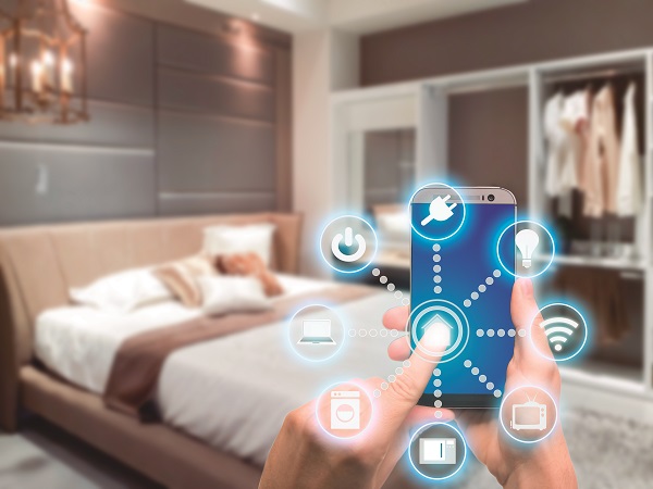 Smart Home Automation App On Mobile With Home Interior In Backgr