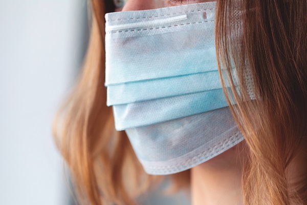 Woman Wearing Medical Mask. Woman With A Blue Medical Mask. Prot